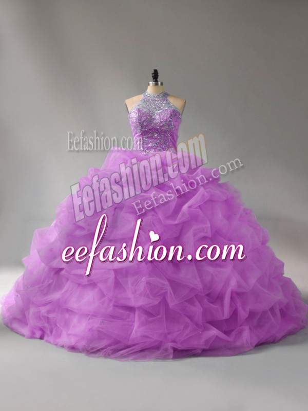  Lilac Halter Top Lace Up Beading and Pick Ups Quinceanera Gown Court Train Sleeveless