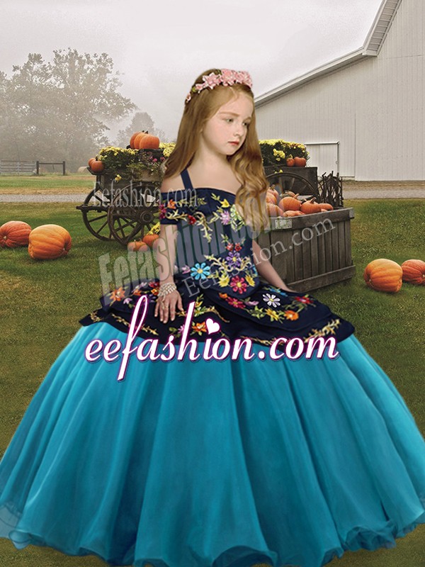  Floor Length Teal Pageant Gowns For Girls Straps Sleeveless Lace Up