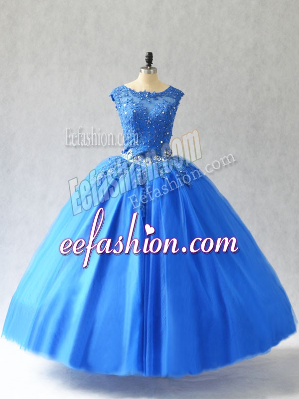  Beading and Appliques Quince Ball Gowns Blue Lace Up Sleeveless Floor Length