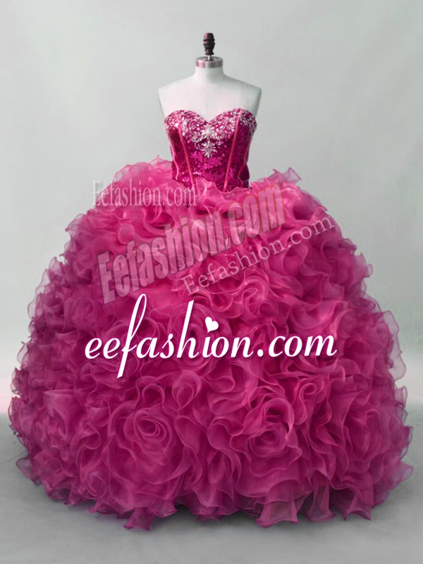  Floor Length Hot Pink Quinceanera Dress Sweetheart Sleeveless Lace Up