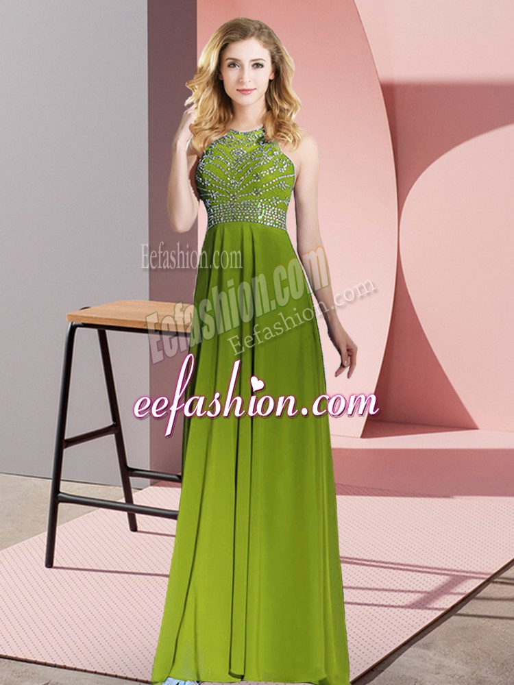  Floor Length Backless Evening Dress Olive Green for Prom and Party with Beading