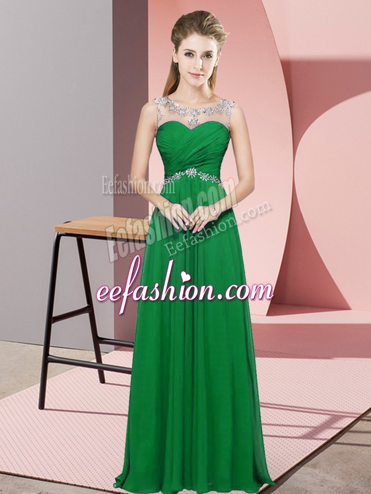  Sleeveless Floor Length Beading Backless Prom Dresses with Green