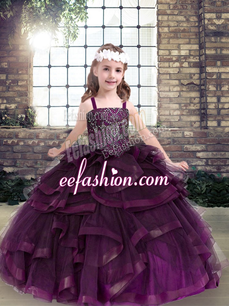  Eggplant Purple Ball Gowns Beading and Ruffles Little Girls Pageant Dress Wholesale Lace Up Tulle Sleeveless Floor Length