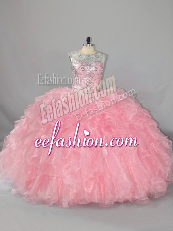 Hot Sale Ball Gowns 15th Birthday Dress Pink Scoop Organza Sleeveless Floor Length Lace Up
