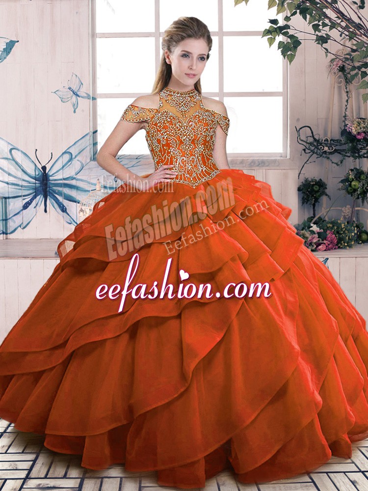Delicate Orange Sleeveless Beading and Ruffled Layers Floor Length Ball Gown Prom Dress