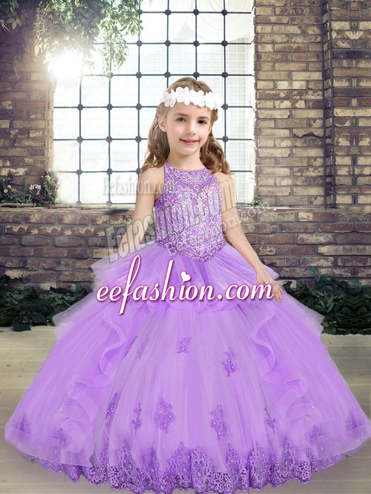  Floor Length Lavender Little Girls Pageant Dress Tulle Sleeveless Lace and Appliques