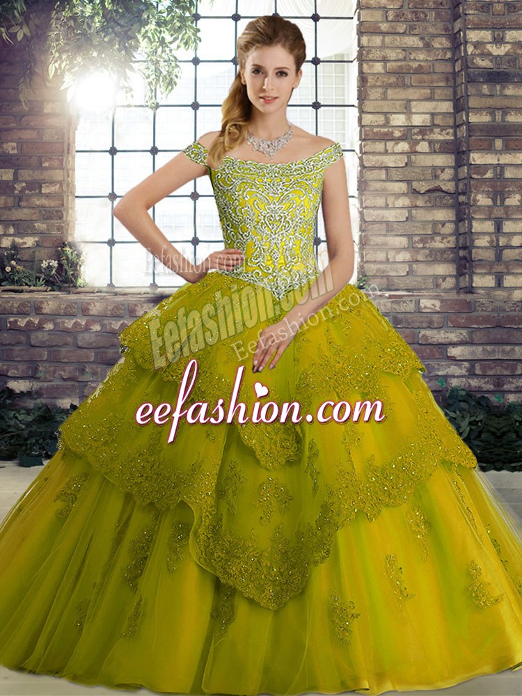 Lovely Olive Green 15th Birthday Dress Tulle Brush Train Sleeveless Beading and Lace