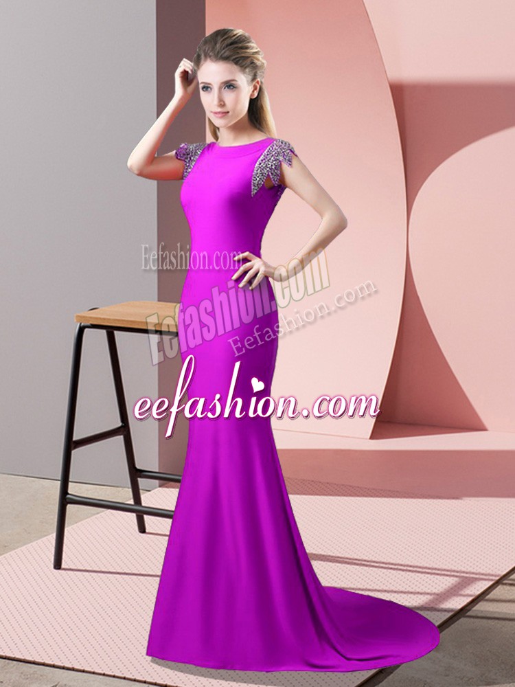  Backless Evening Dress Fuchsia for Prom and Party with Beading Brush Train