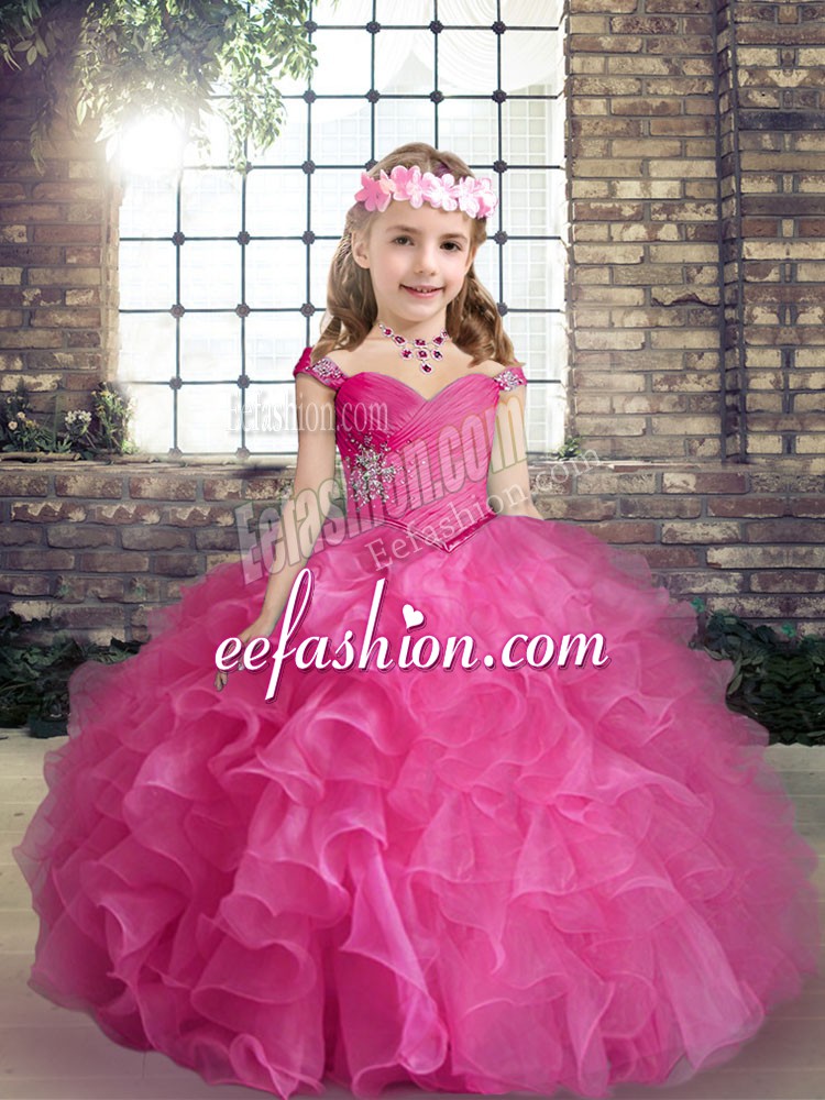 Lovely Hot Pink Sleeveless Beading and Ruffles Floor Length Little Girls Pageant Gowns