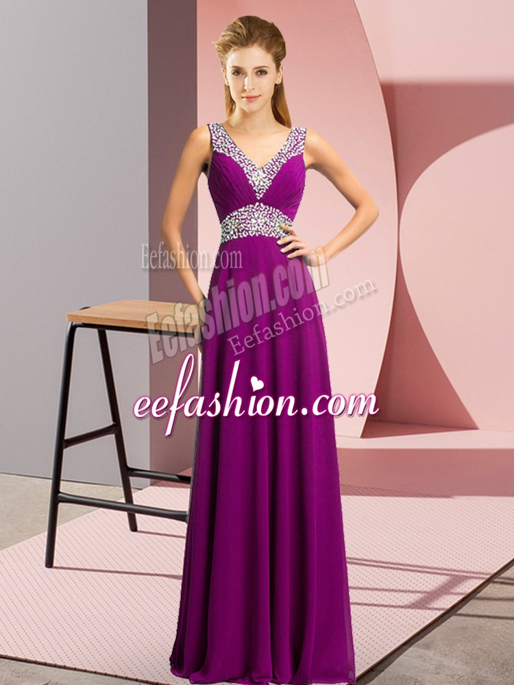  Purple Chiffon Lace Up Prom Gown Sleeveless Floor Length Beading