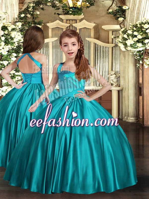 Perfect Teal Ball Gowns Satin Straps Sleeveless Ruching Floor Length Lace Up Pageant Gowns For Girls