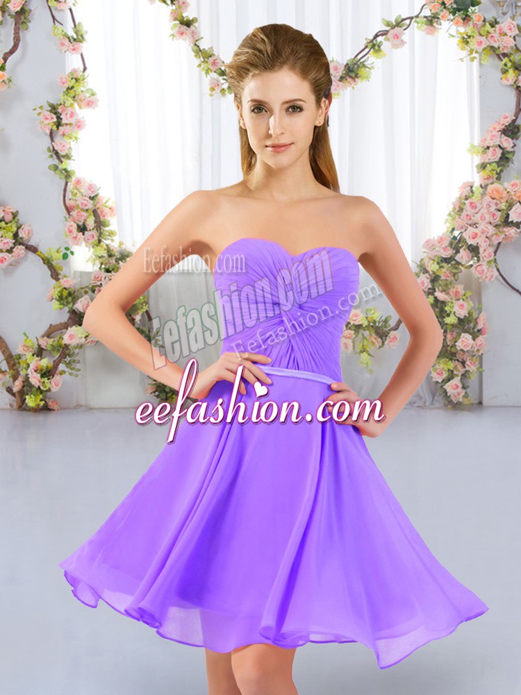  Sleeveless Chiffon Mini Length Lace Up Damas Dress in Lavender with Ruching