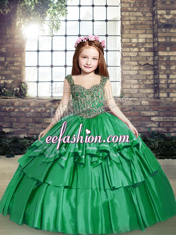 Simple Straps Sleeveless Taffeta Pageant Gowns For Girls Beading Lace Up