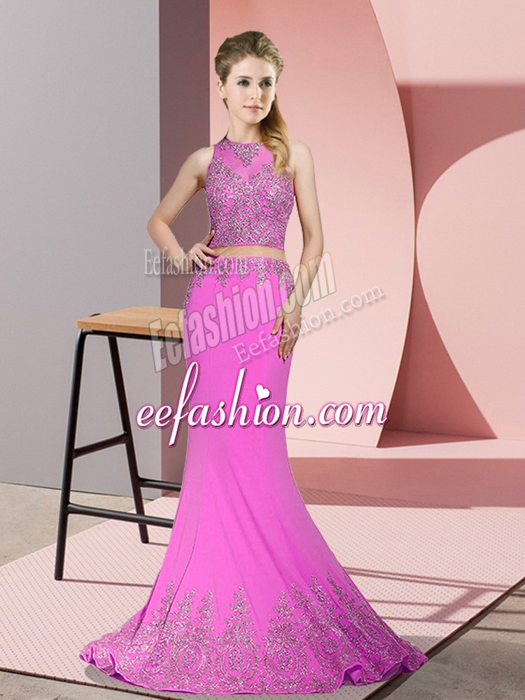  Sleeveless Sweep Train Zipper Beading and Appliques Prom Evening Gown