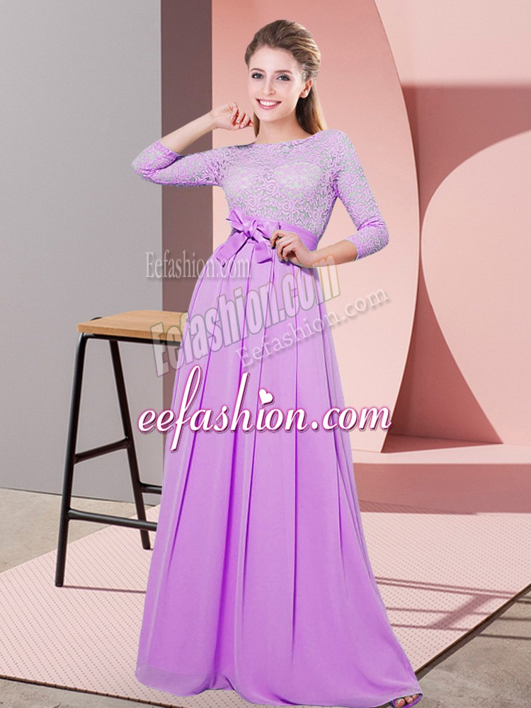  Floor Length Lilac Dama Dress for Quinceanera Chiffon 3 4 Length Sleeve Lace and Belt