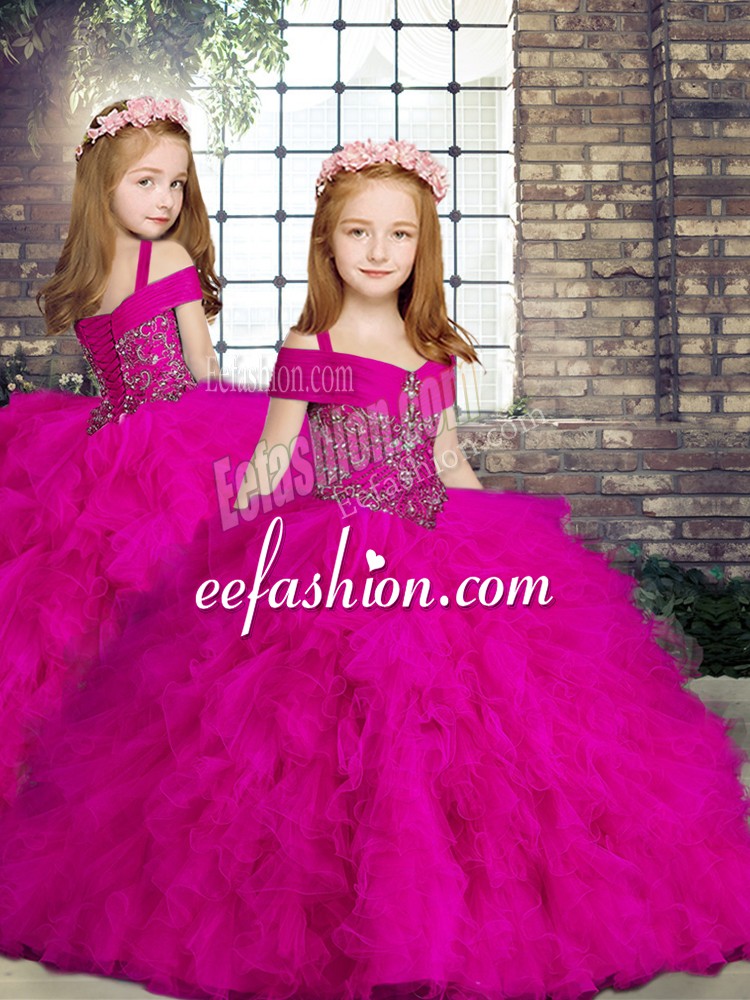  Fuchsia Tulle Lace Up Straps Sleeveless Floor Length Little Girls Pageant Dress Wholesale Beading and Ruffles