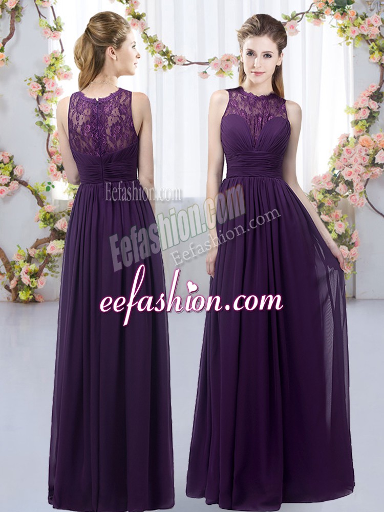 Dramatic Sleeveless Floor Length Lace Zipper Dama Dress for Quinceanera with Dark Purple