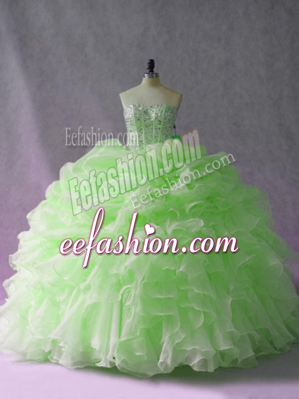  Sleeveless Beading and Ruffles and Pick Ups Lace Up Quince Ball Gowns with Yellow Green Brush Train