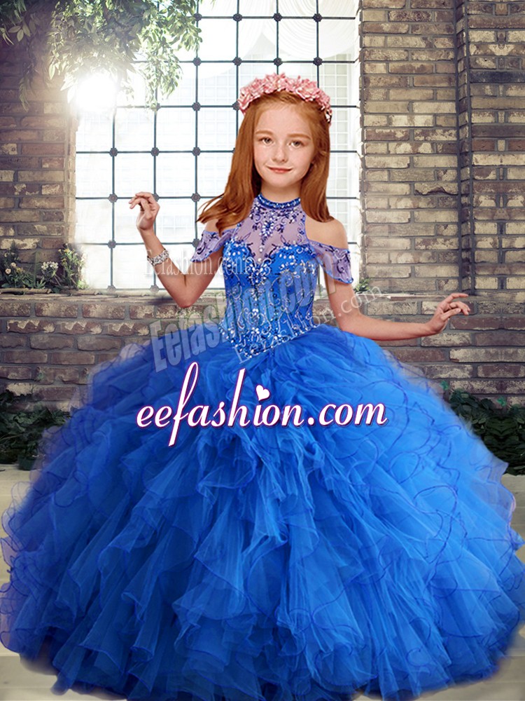  Blue Kids Pageant Dress Party and Wedding Party with Beading and Ruffles High-neck Sleeveless Lace Up