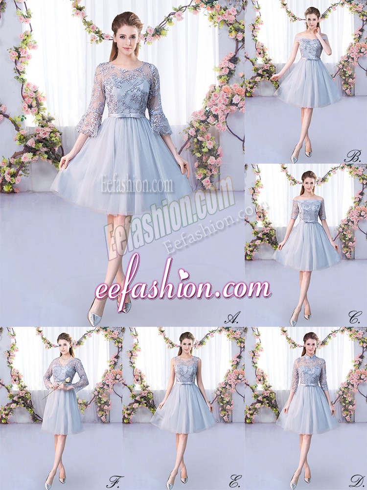  Grey Tulle Lace Up Scoop 3 4 Length Sleeve Knee Length Quinceanera Dama Dress Lace and Belt