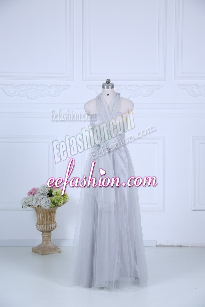  Grey Empire Tulle Halter Top Sleeveless Ruching Floor Length Zipper Dama Dress for Quinceanera