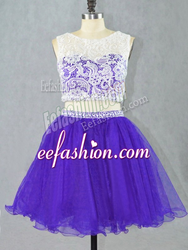  Purple Sleeveless Lace and Appliques Mini Length Prom Gown