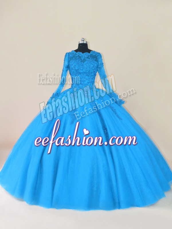  Tulle Scalloped Long Sleeves Zipper Lace and Appliques Vestidos de Quinceanera in Blue