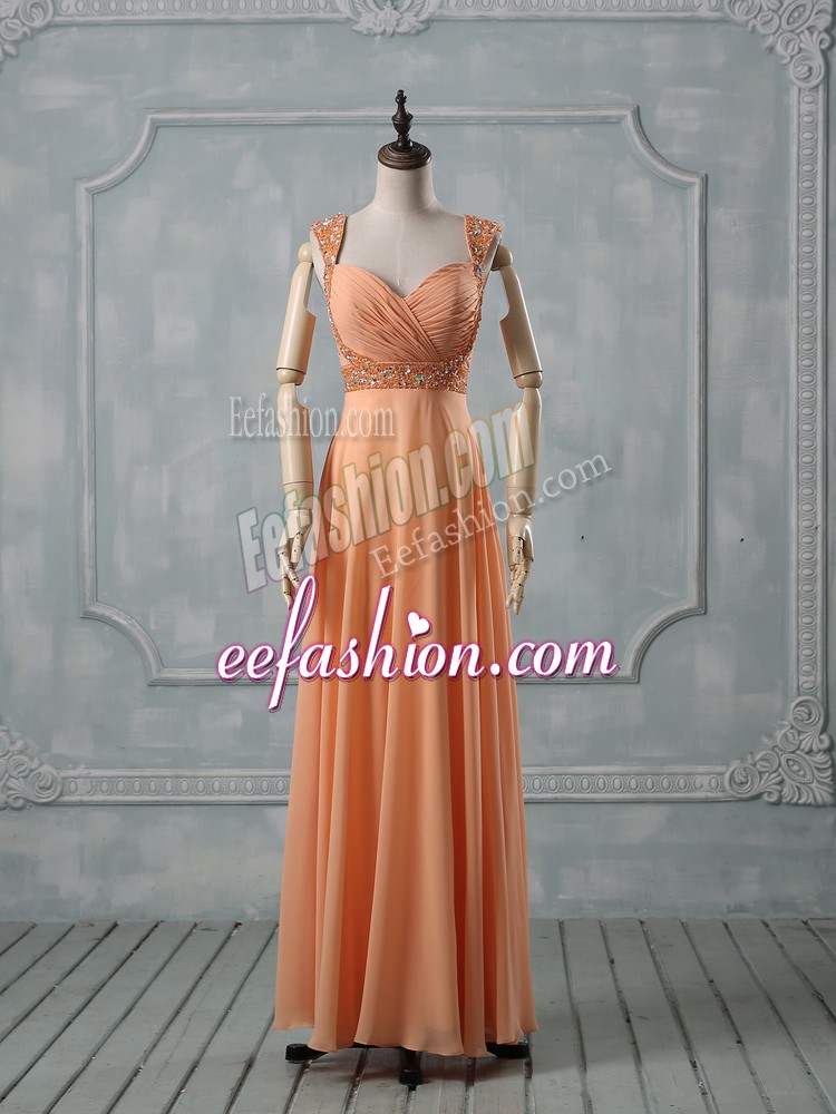 Great Beading and Ruching Prom Gown Orange Criss Cross Sleeveless Floor Length