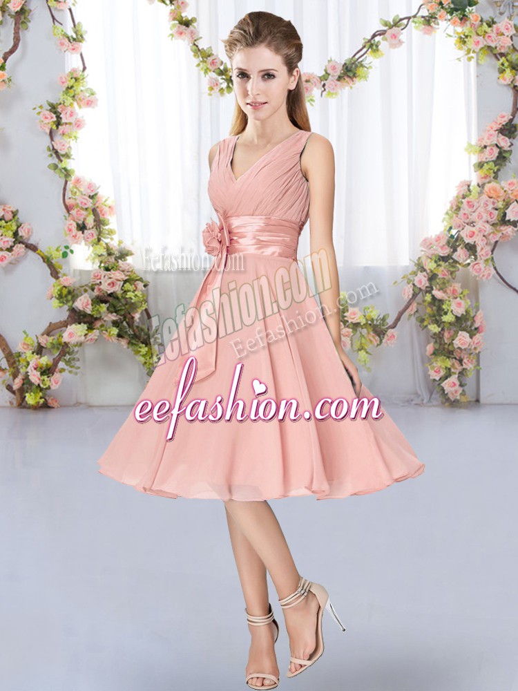  Hand Made Flower Quinceanera Court Dresses Pink Lace Up Sleeveless Knee Length