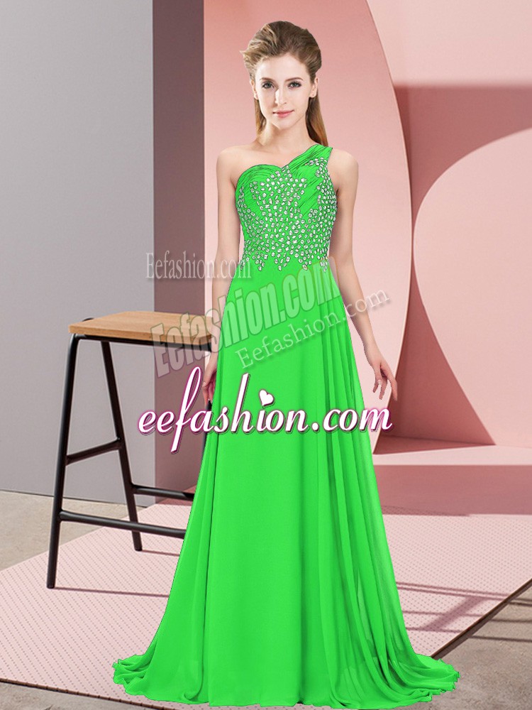  Floor Length Side Zipper Evening Dress Green for Prom and Party with Beading