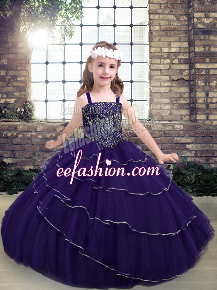  Purple Straps Lace Up Beading Little Girls Pageant Gowns Sleeveless