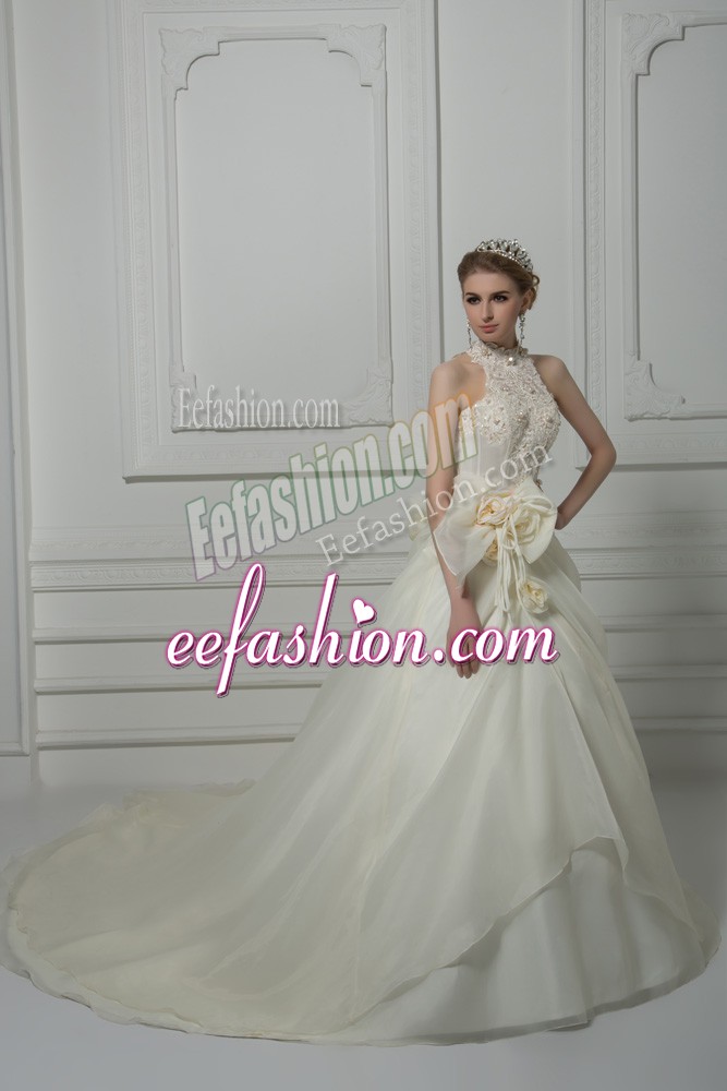 Fitting White Organza Zipper Wedding Dresses Sleeveless Court Train Beading and Lace and Hand Made Flower