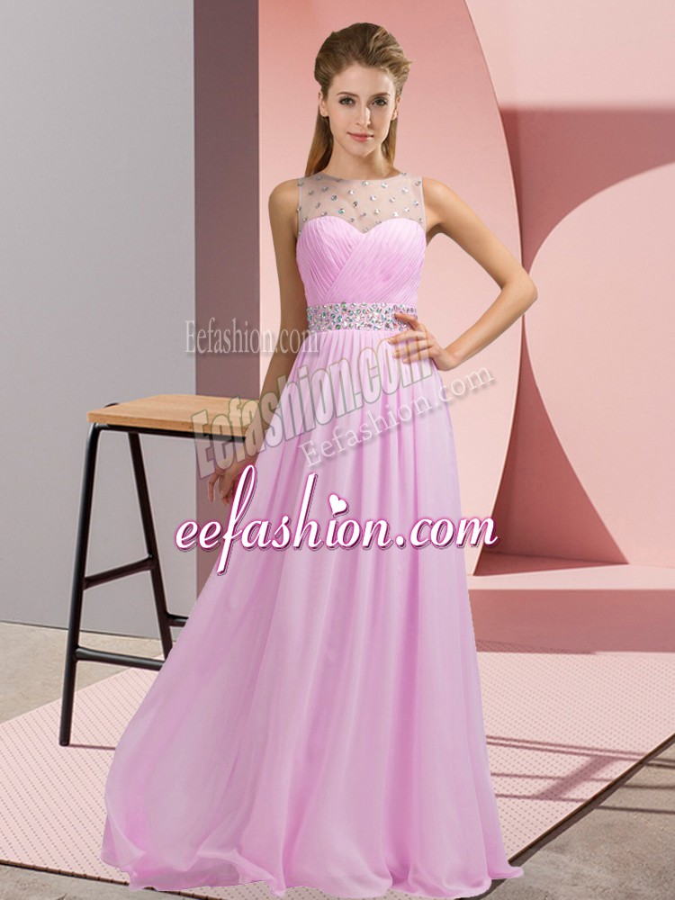  Floor Length Backless Prom Dress Pink for Prom and Party with Beading