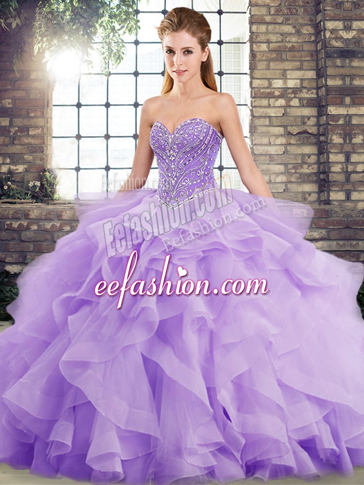  Lavender Ball Gown Prom Dress Military Ball and Sweet 16 and Quinceanera with Beading and Ruffles Sweetheart Sleeveless Brush Train Lace Up