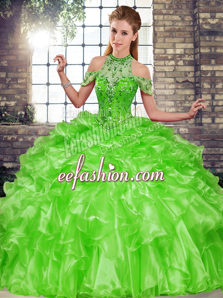 Fantastic Green Lace Up Ball Gown Prom Dress Beading and Ruffles Sleeveless Floor Length