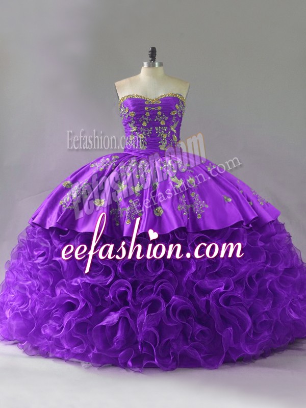  Purple Fabric With Rolling Flowers Lace Up Sweetheart Sleeveless Sweet 16 Quinceanera Dress Brush Train Embroidery and Ruffles