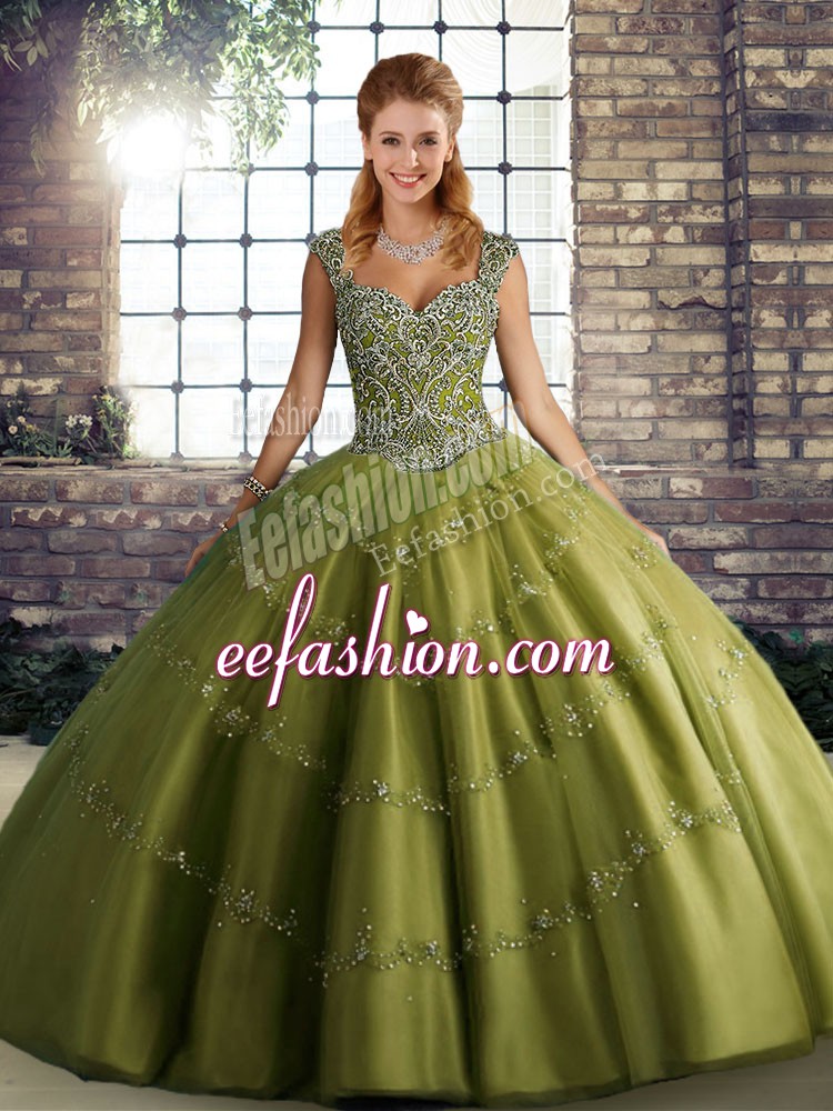 Hot Sale Sleeveless Tulle Floor Length Lace Up Quinceanera Dresses in Olive Green with Beading and Appliques