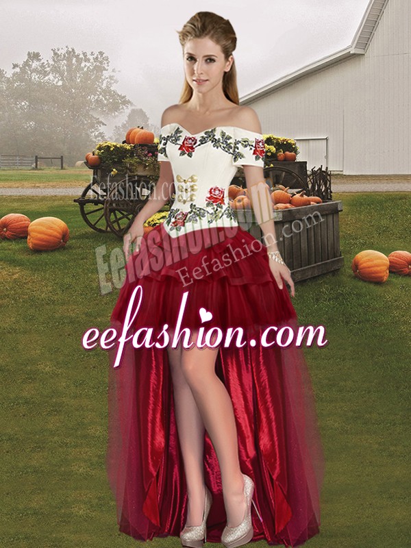 Elegant Wine Red Off The Shoulder Neckline Embroidery and Ruffled Layers Prom Dresses Sleeveless Lace Up