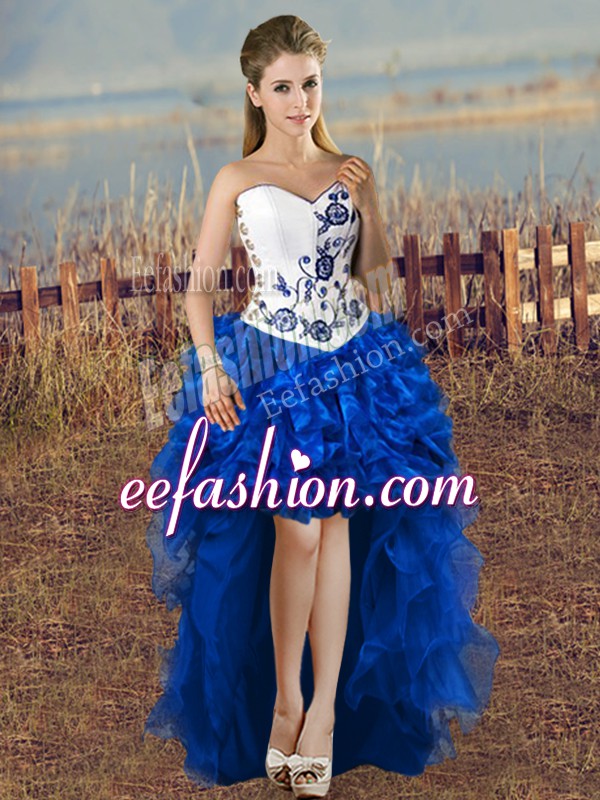 Flare Embroidery Prom Party Dress Blue And White Lace Up Sleeveless High Low