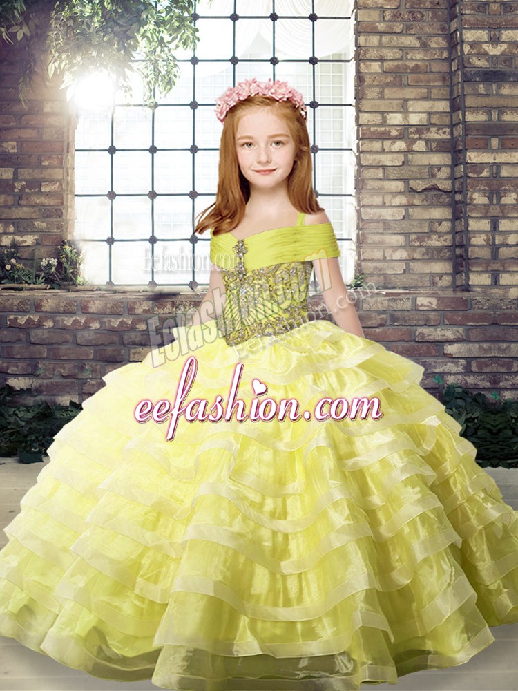 Popular Yellow Little Girls Pageant Dress Wholesale Party and Military Ball and Wedding Party with Beading and Ruffled Layers Straps Sleeveless Brush Train Lace Up