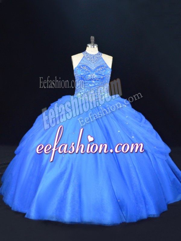 Lovely Sleeveless Floor Length Beading Lace Up Quinceanera Gowns with Blue