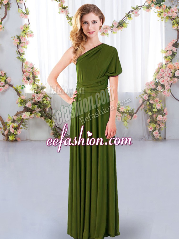 Unique One Shoulder Sleeveless Wedding Party Dress Floor Length Ruching Olive Green Chiffon
