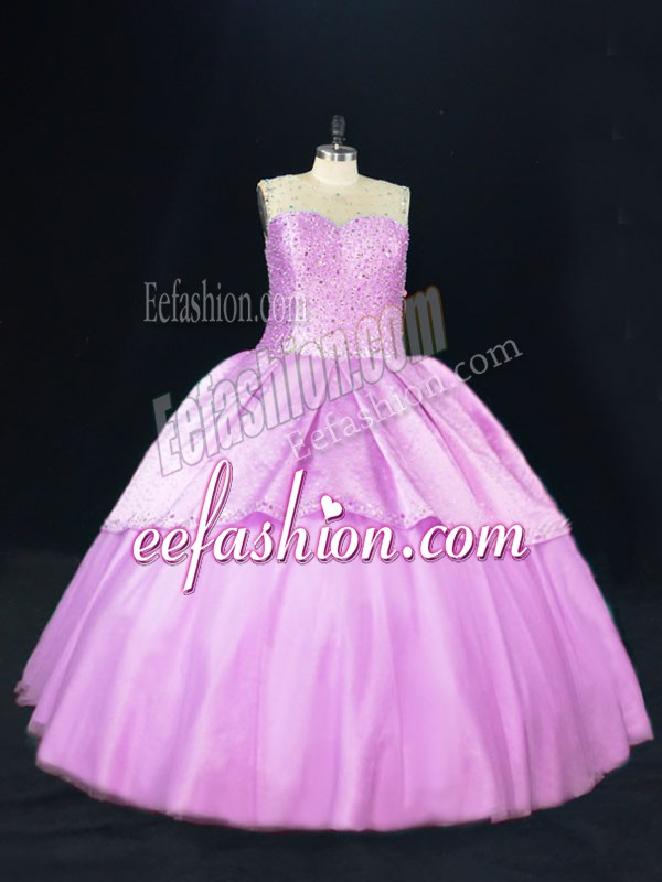  Scoop Sleeveless Satin and Tulle Vestidos de Quinceanera Beading Lace Up