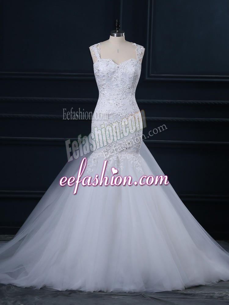 Super Tulle Straps Sleeveless Watteau Train Side Zipper Lace Wedding Dress in White