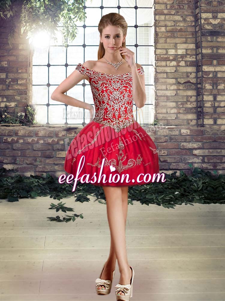 Excellent Off The Shoulder Sleeveless Tulle Prom Gown Beading and Appliques Lace Up