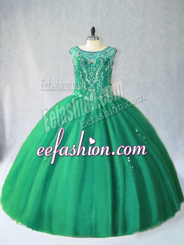 Super Green Sleeveless Floor Length Beading Lace Up 15 Quinceanera Dress