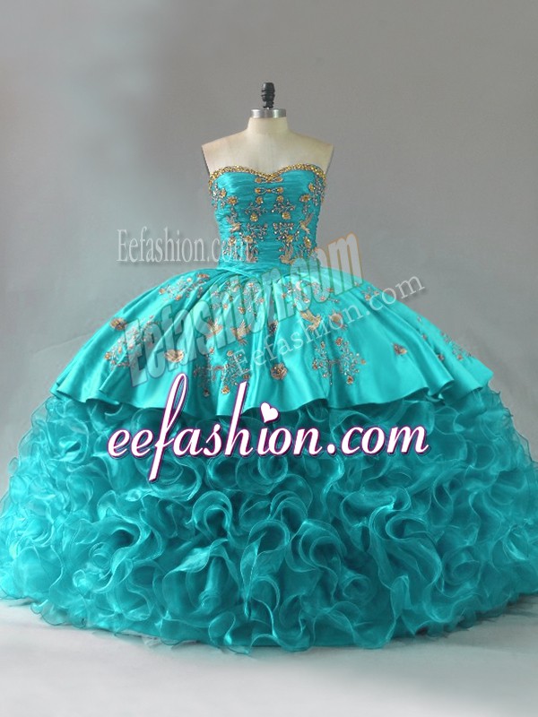 Shining Sleeveless Embroidery and Ruffles Lace Up Sweet 16 Dresses with Aqua Blue Brush Train
