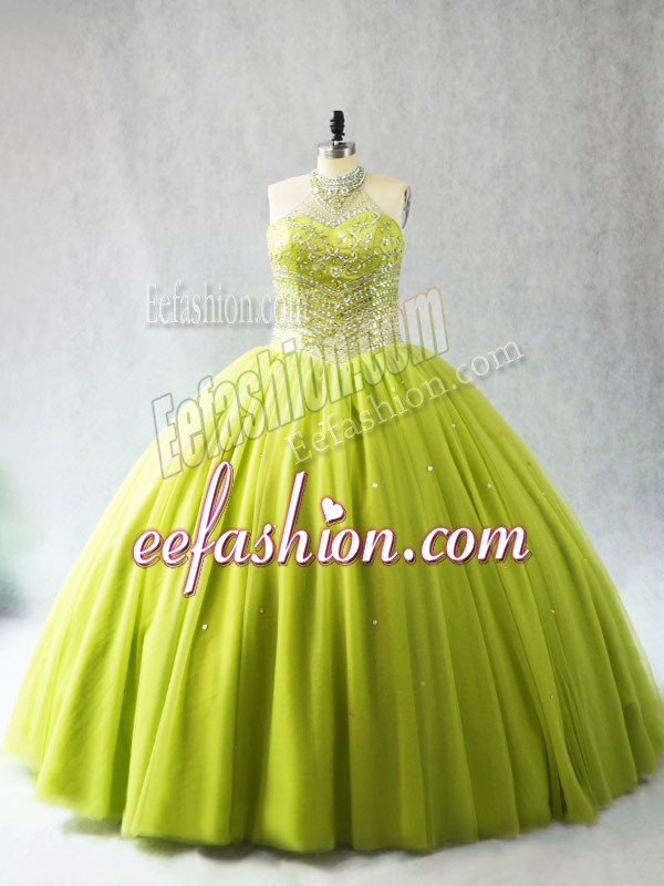  Yellow Green Ball Gowns Beading Sweet 16 Quinceanera Dress Lace Up Tulle Sleeveless