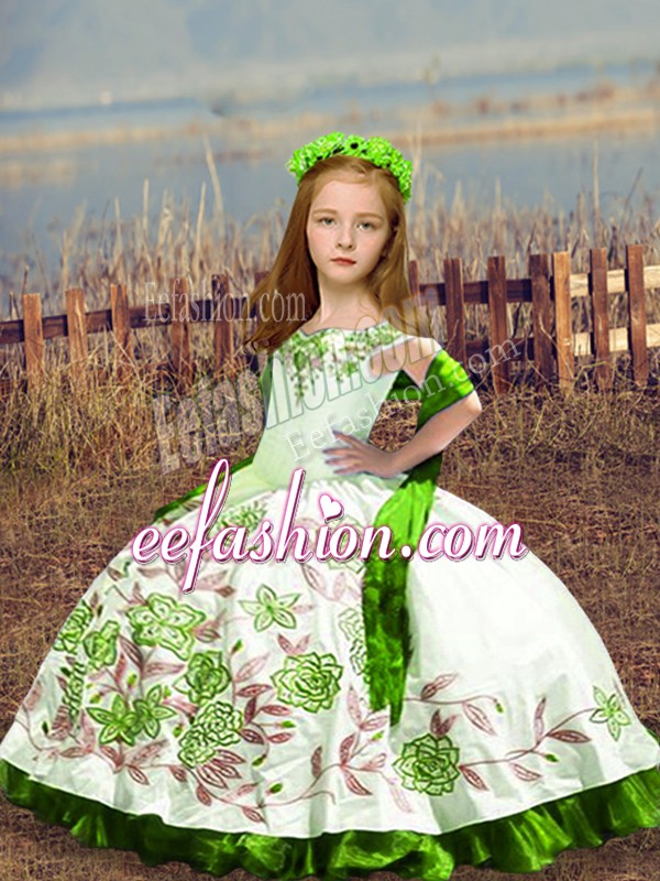  Sleeveless Satin Floor Length Lace Up Kids Formal Wear in White with Embroidery