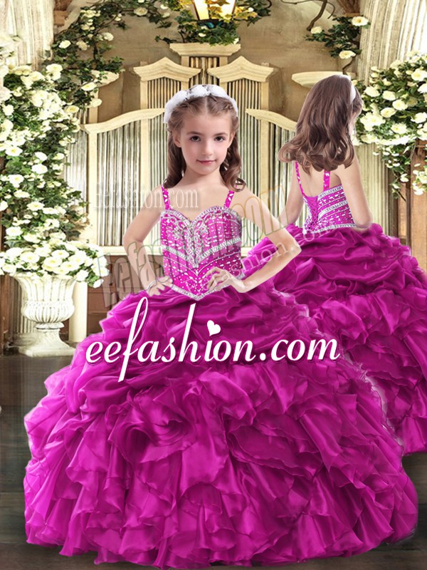  Fuchsia Ball Gowns Organza Straps Sleeveless Beading and Ruffles Floor Length Lace Up Kids Formal Wear